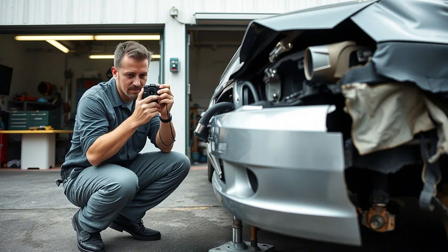 Auto body shop staff taking vehicle damage photos