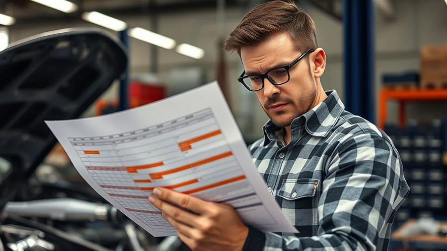 Frustrated auto shop manager staring at chaotic paper schedule