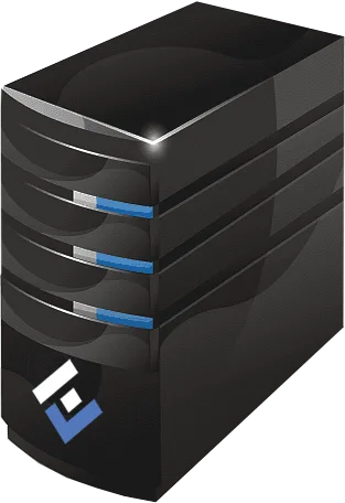 Illustration of a black tower server carrying the EstVis logo