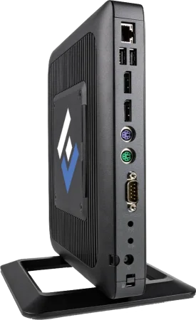 Compact black fanless thin client PC on a vertical stand, showing its Ethernet, USB, DisplayPort and serial ports