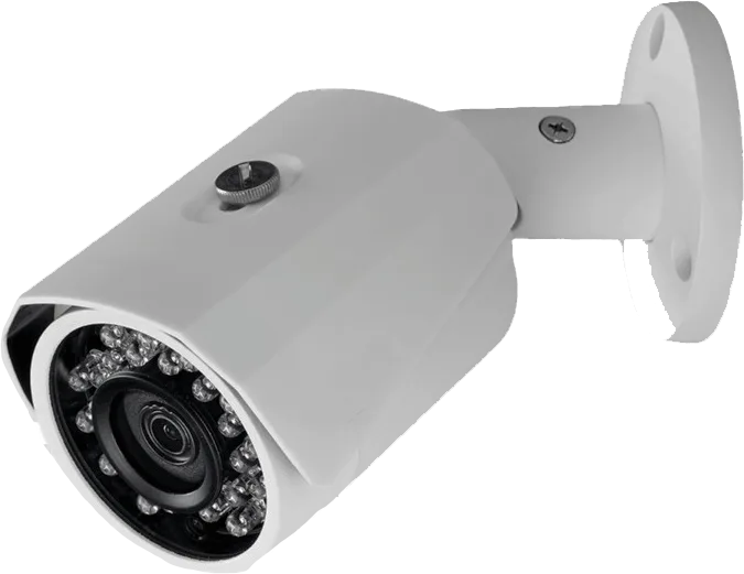 White bullet-style IP surveillance camera on a wall bracket with an infrared LED ring around the lens