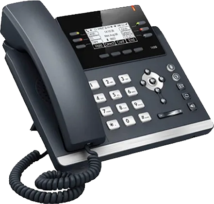 Grey SIP desktop phone with a corded handset, monochrome display and programmable line keys
