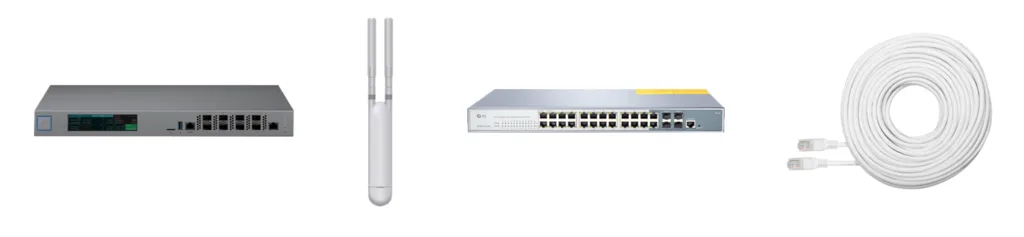 Row of network hardware: a rack gateway appliance, a wireless access point, a 24-port PoE switch and a coil of Ethernet cable