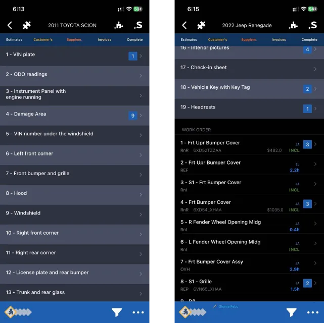 Two EstVis Mobile Client screens: a numbered preliminary photo template listing VIN plate, ODO readings, damage area and the other required shots, and a work order screen listing estimate lines with photo counts and hours