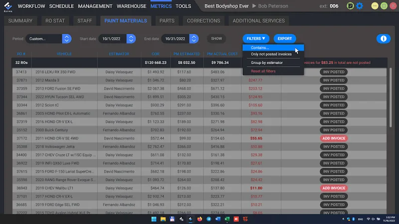 EstVis Metrics tab, Paint Materials report listing 32 repair orders with vehicle, estimator, cost of repair, paint materials estimated and actual cost, and unposted differences in red