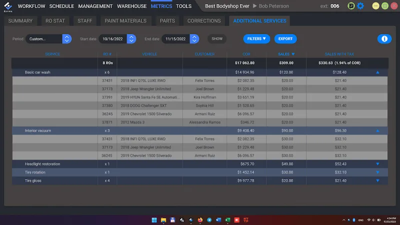 EstVis Metrics tab, Additional Services report showing car wash, interior vacuum, headlight restoration, tire rotation and tire gloss sold across 8 repair orders with the vehicle, customer, cost of repair and sales with tax