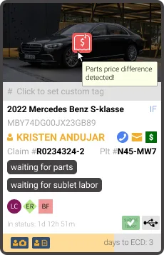 EstVis case card on the bucket board showing a parts price difference detected badge