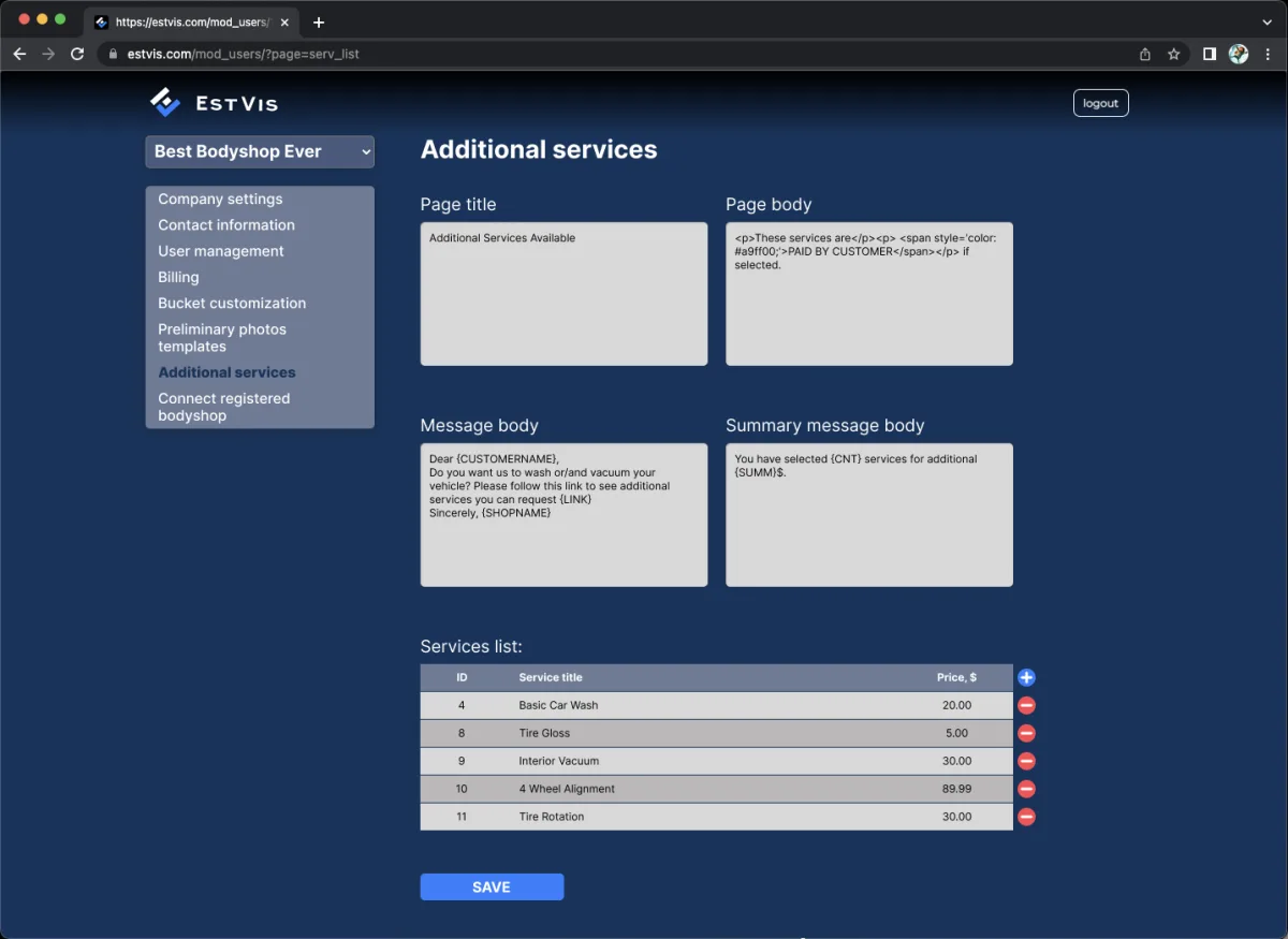 EstVis company settings page for additional services with editable message body and a services list with prices