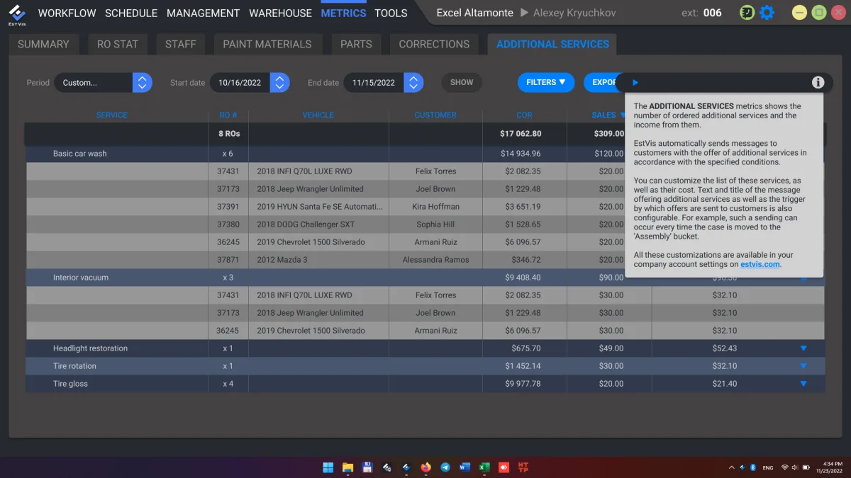 EstVis Metrics tab, Additional Services report showing ordered services, the repair orders they were sold on, and income from them