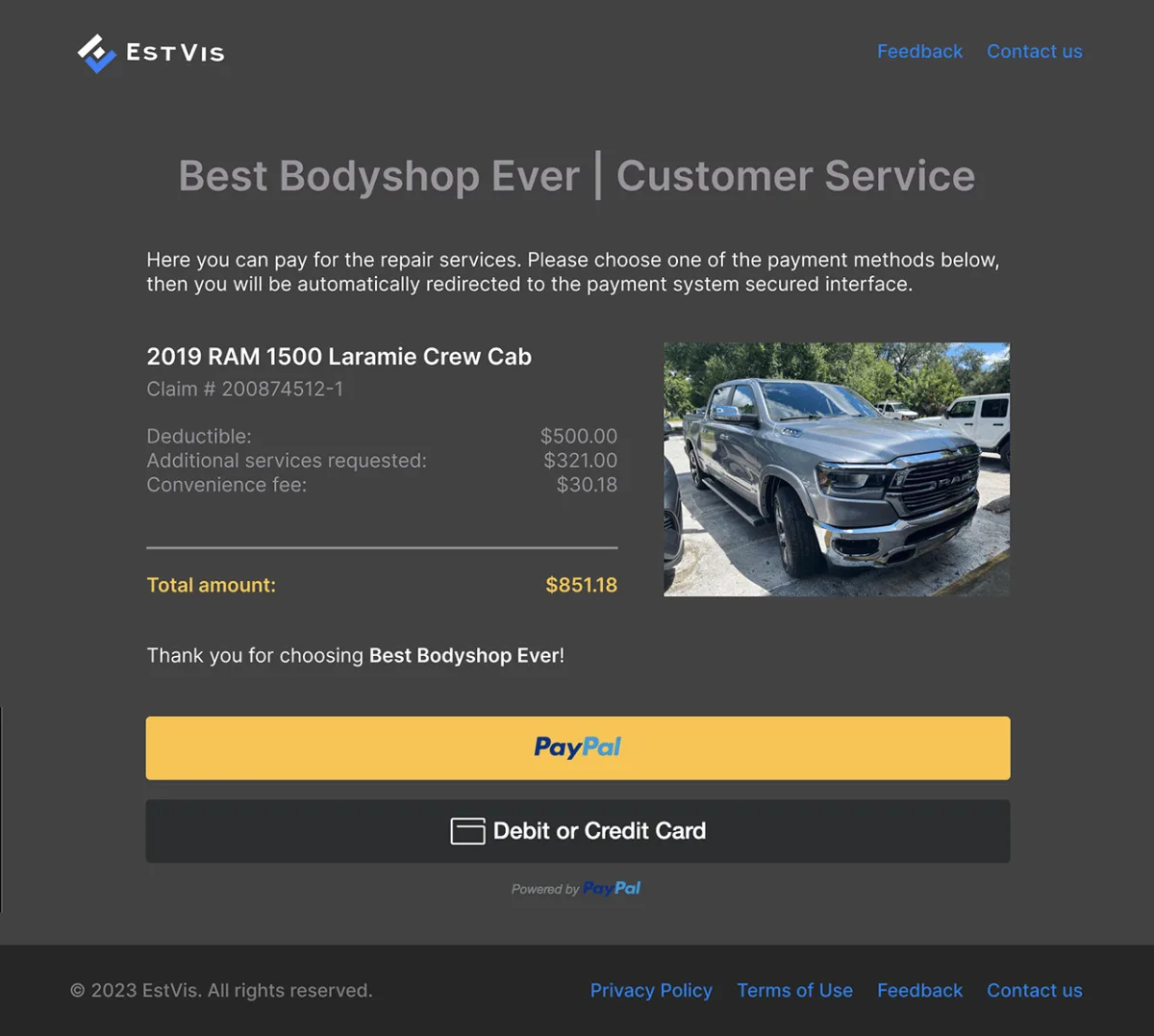 EstVis customer payment page showing the vehicle, claim number, deductible, additional services and convenience fee with PayPal and card buttons