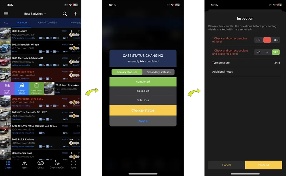 Three EstVis Mobile Client screens: the in-shop case list, a case moving from assembly to completed, and the inspection check sheet that gates the move