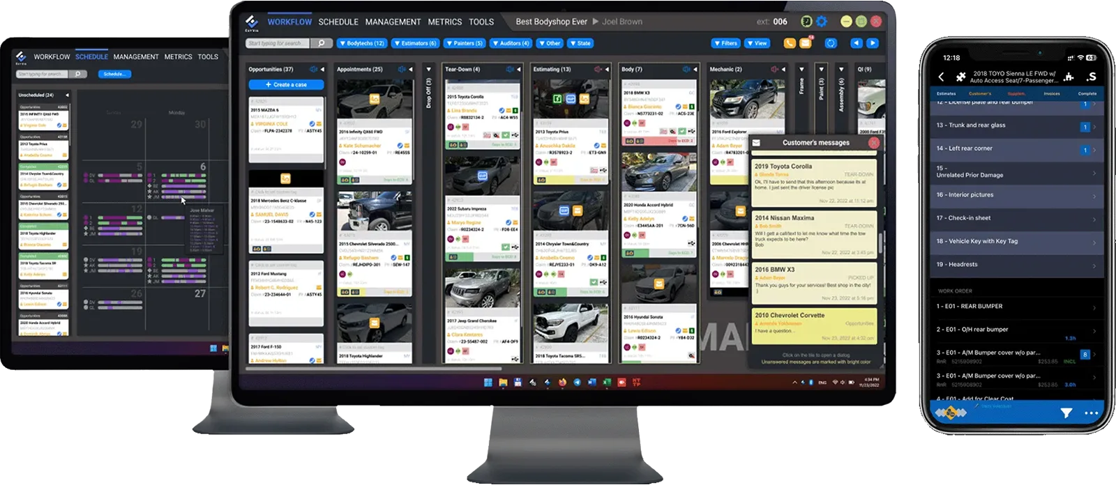 EstVis Workflow boards on desktop monitors alongside the supplement work order in the mobile app