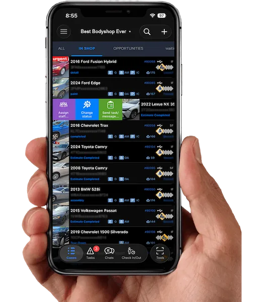 The EstVis Mobile Client open on a smartphone held in hand